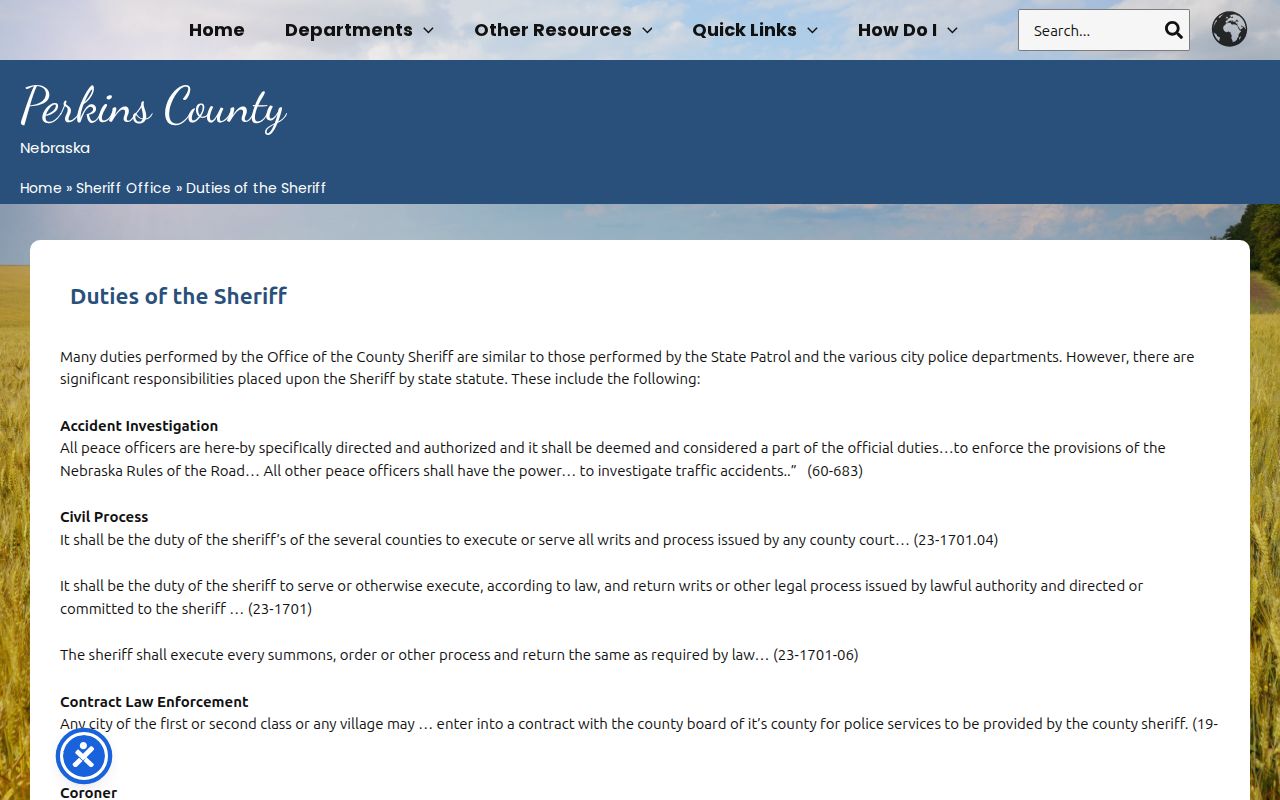 Perkins County warrant records Sheriff statutory duties