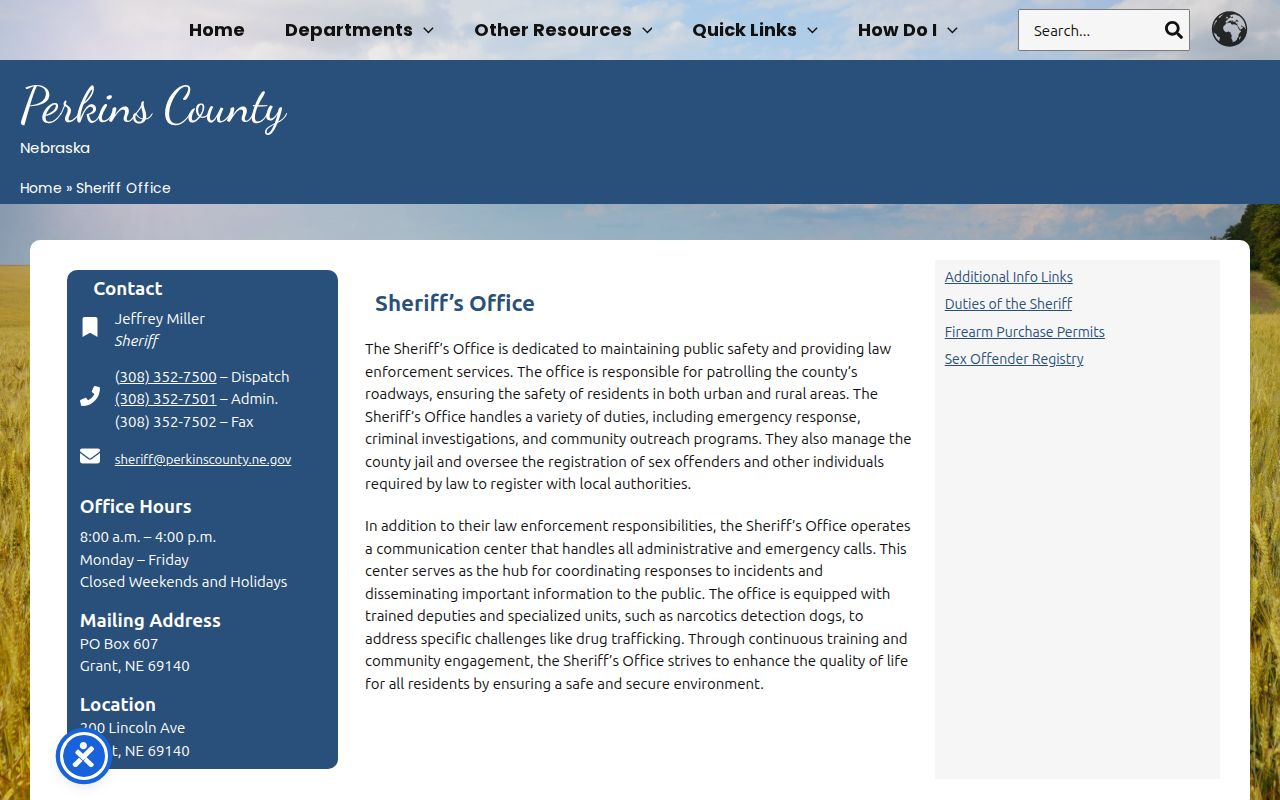 Perkins County warrant records Sheriff contact page